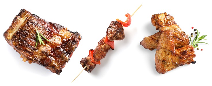 Set with delicious meat on white background, top view. Barbecue recipes